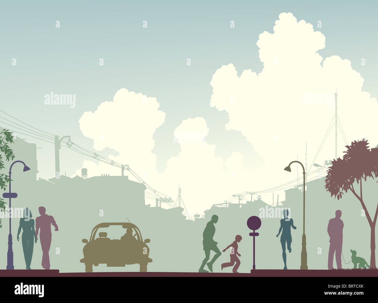 Illustriert von Silhouette an einer belebten Straße mit Textfreiraum Stockfoto