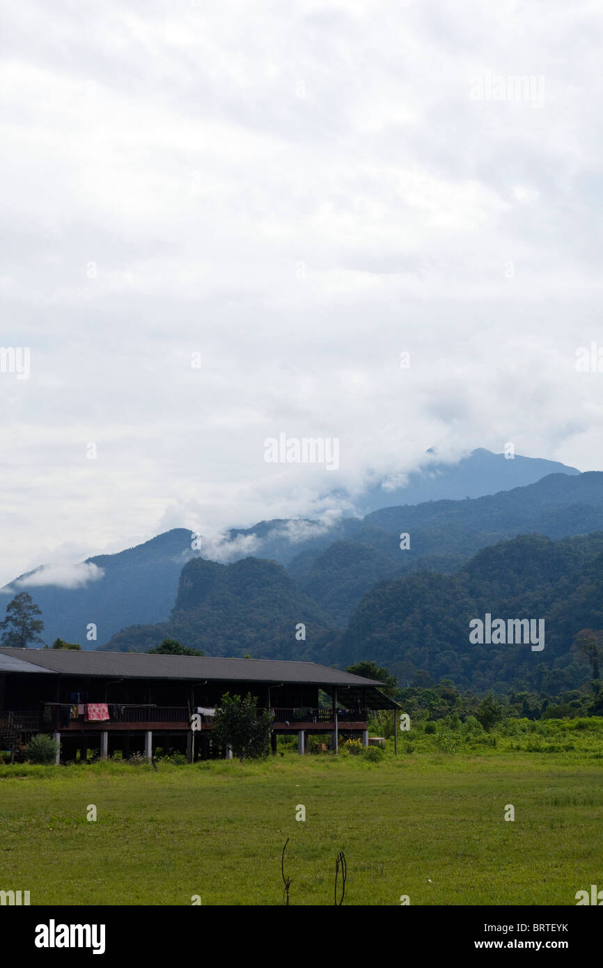 Ein Blick auf ein Penan Langhaus ist in einem Dorf in der Nähe von Mulu Nationalpark in Borneo, Malaysia gesehen. Stockfoto