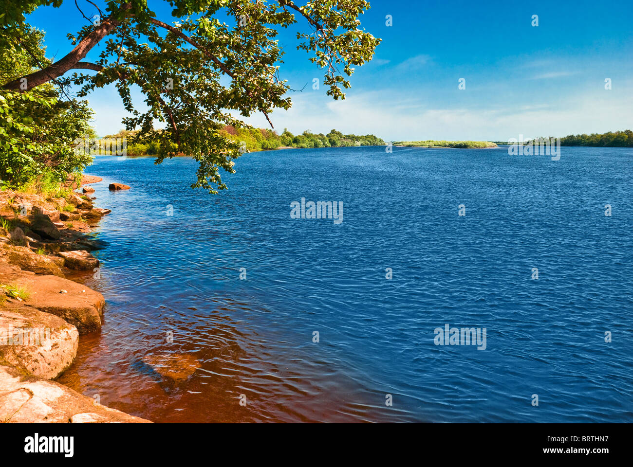 Tiefblaue Flussufer mit gelben Felsen und grünen Bäumen, die über das Wasser. Zeja Fluss, Russland Stockfoto