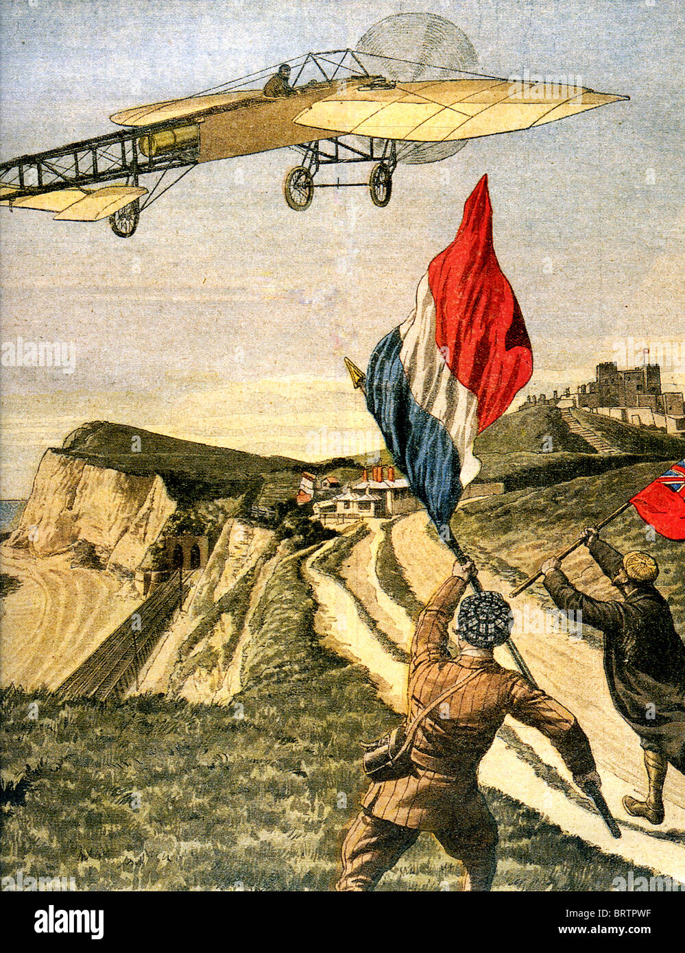 LOUIS BLÉRIOT (1872-1936) fliegt seine XI über den Klippen von Dover nach der ersten Kreuz-Kanal Flug, 25. Juli 1909. Stockfoto