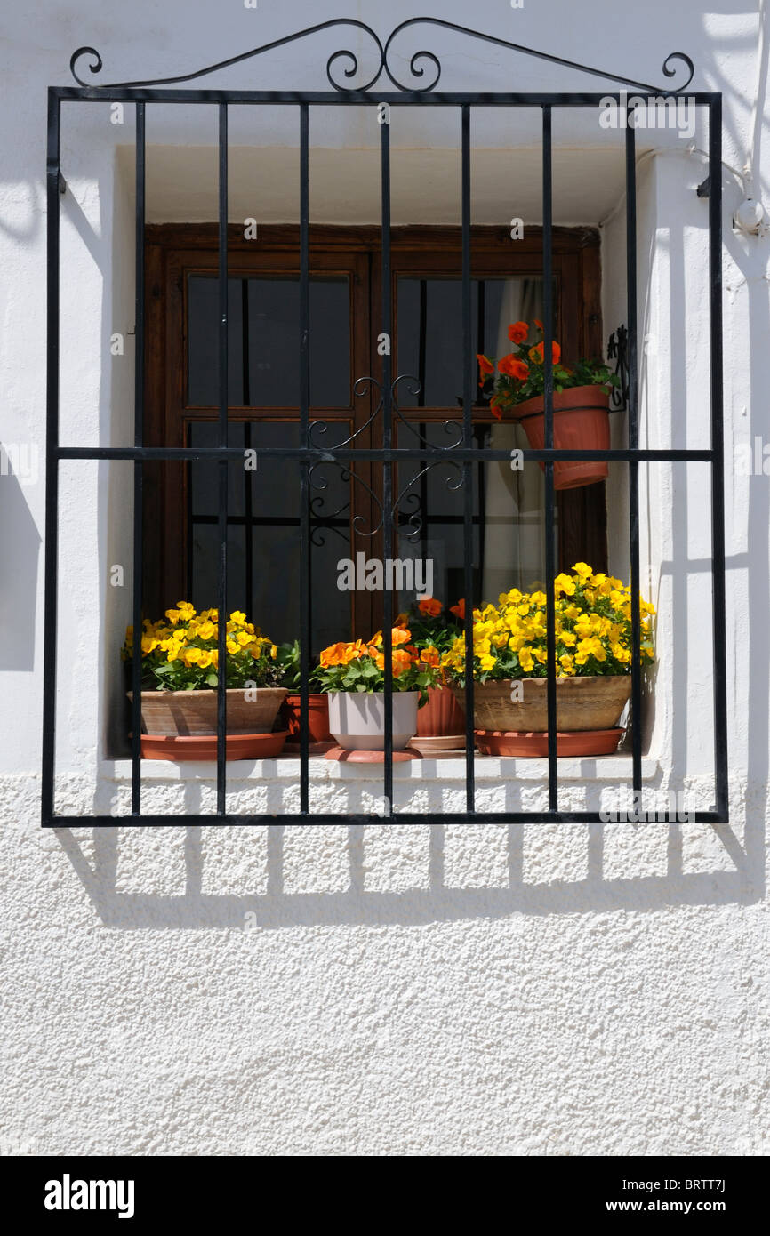 Fensterdetail mit Blumen, Altea, Spanien Stockfoto