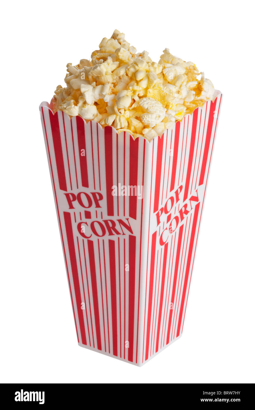 Schachtel mit Popcorn isoliert auf einem weißen Hintergrund mit einem Beschneidungspfad Stockfoto