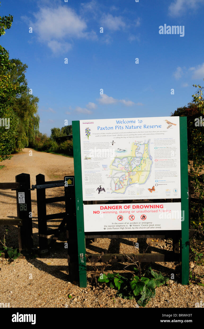 Willkommen bei Paxton Gruben Natur Reserve Zeichen, kleine Paxton, Cambridgeshire, England, Vereinigtes Königreich Stockfoto