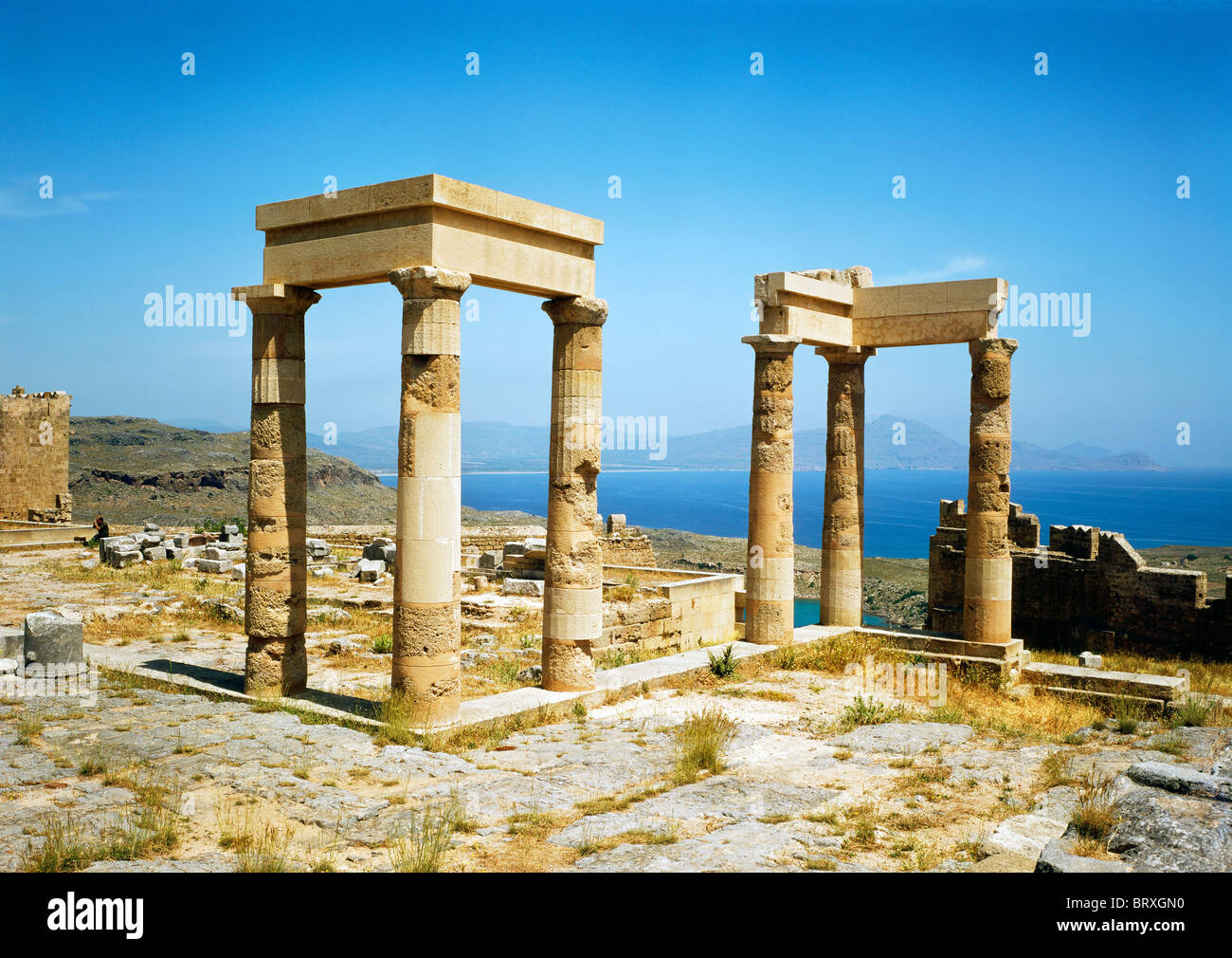 Tempel der Anthena Lindia, Akropolis, Lindos, Rhodos, Dodekanes, Griechenland, Europa Stockfoto
