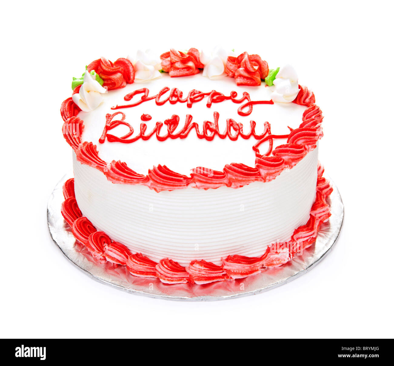 Geburtstagstorte mit weißen und roten Zuckerguss isoliert auf weiss Stockfoto