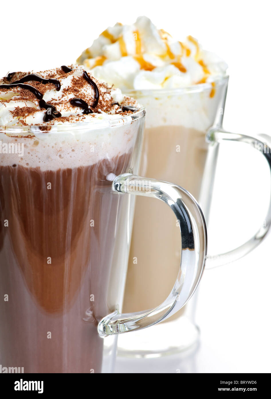 Heiße Schokolade und Kaffee Latte trinken mit Schlagsahne Stockfoto