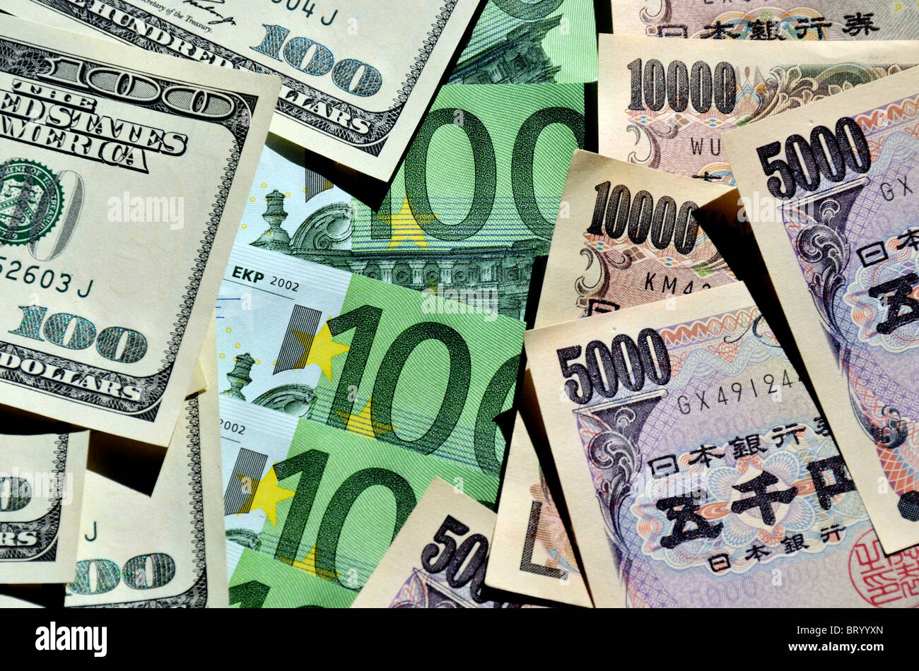 Euro-Dollar-Yens-Noten Stockfoto