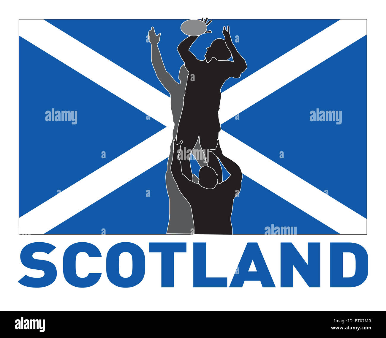 Illustration der Rugby-Spieler fangen Lineout werfen Ball mit Schottland Flagge im Hintergrund Stockfoto