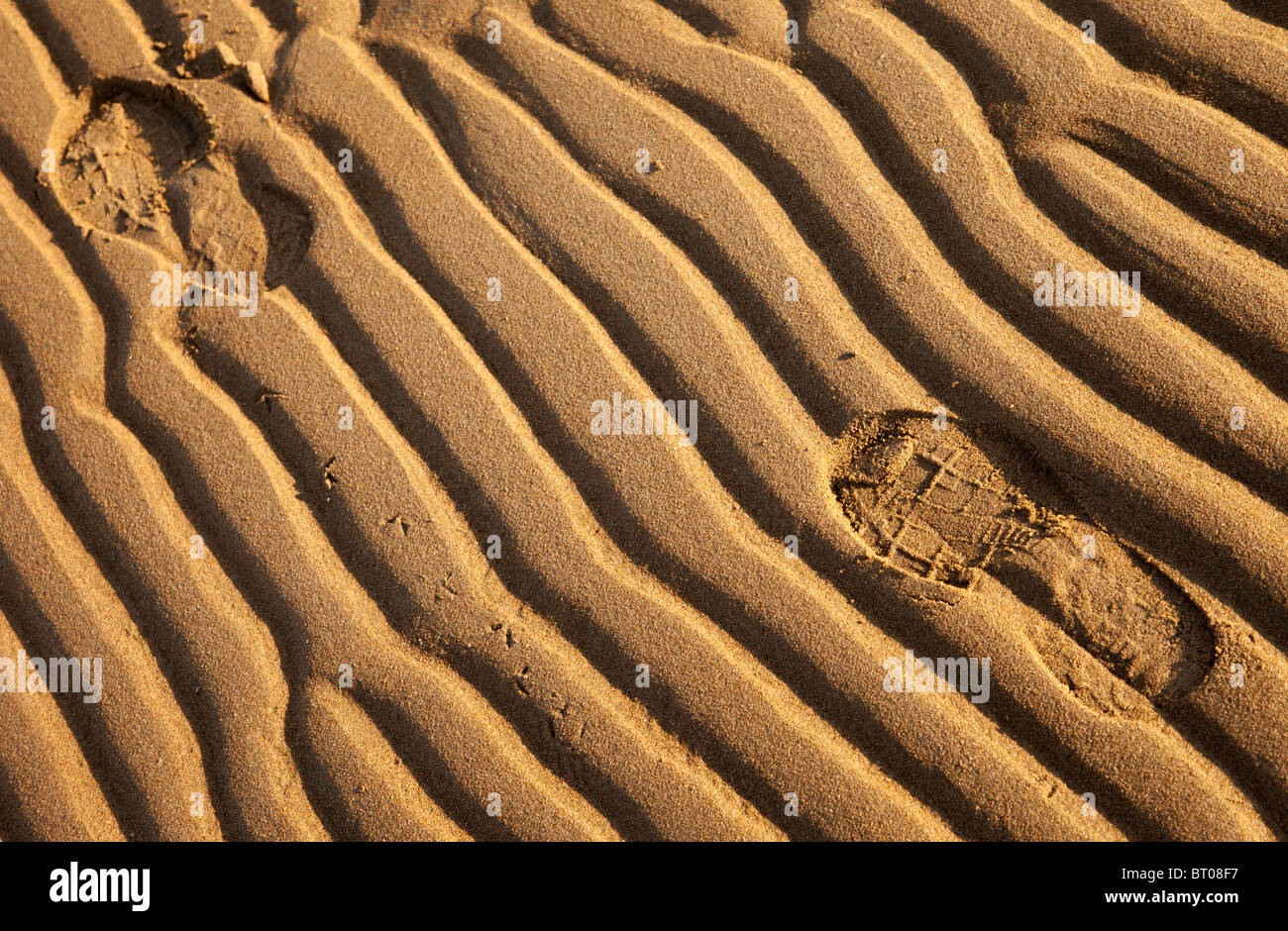 Schuhabdrücke auf weichen Sand am Strand Stockfoto