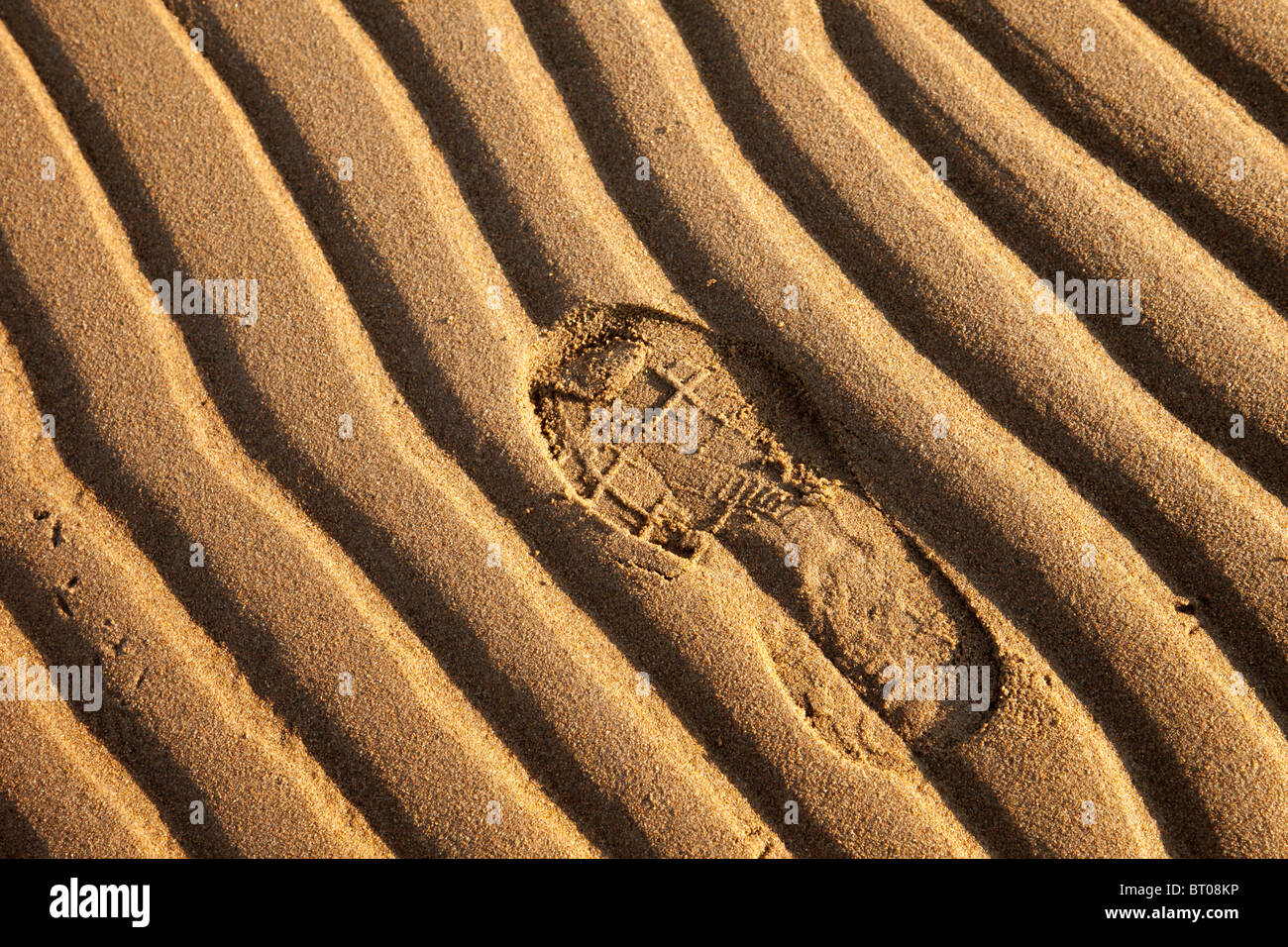 Einen Schuh print auf weichen Sand am Strand Stockfoto