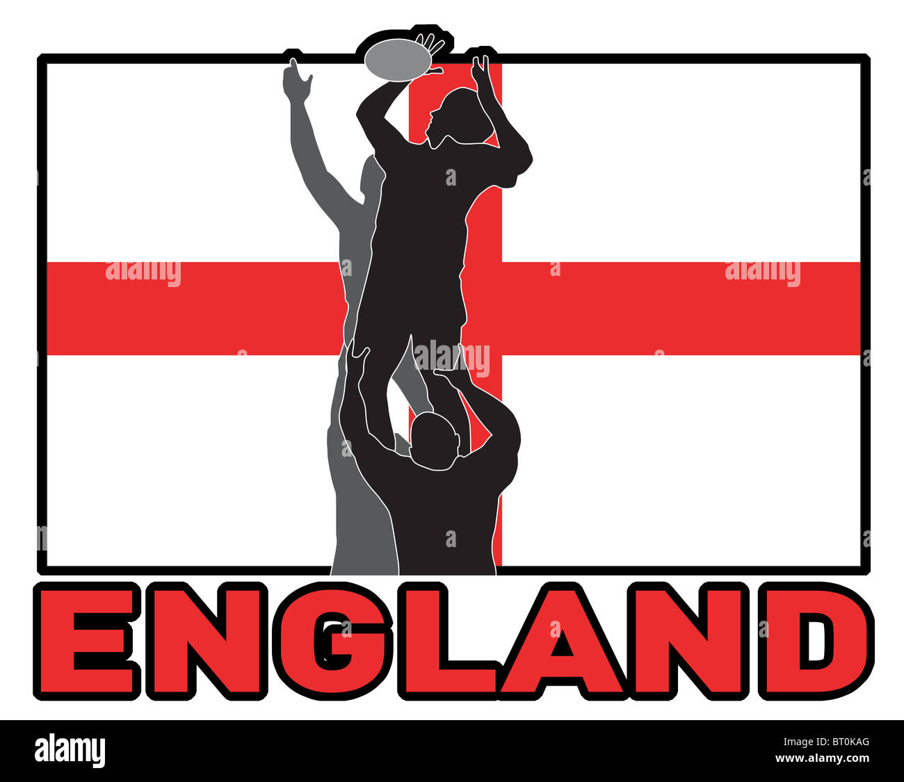 Illustration der Rugby-Spieler fangen Lineout werfen Ball mit England Flagge im Hintergrund Stockfoto
