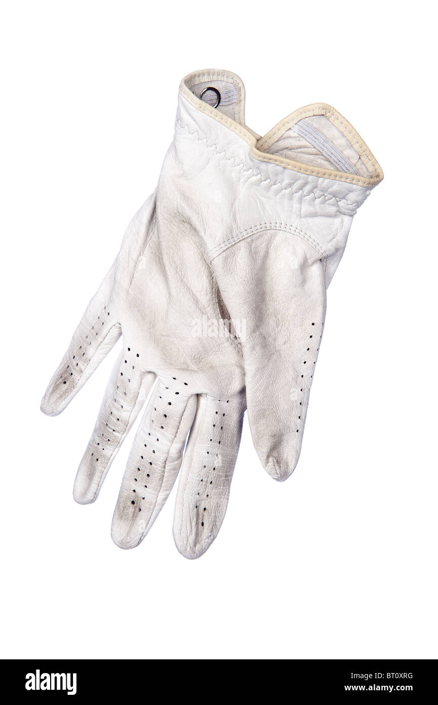 Ein schmutzig weißen Golf Handschuh auf weiß. Stockfoto