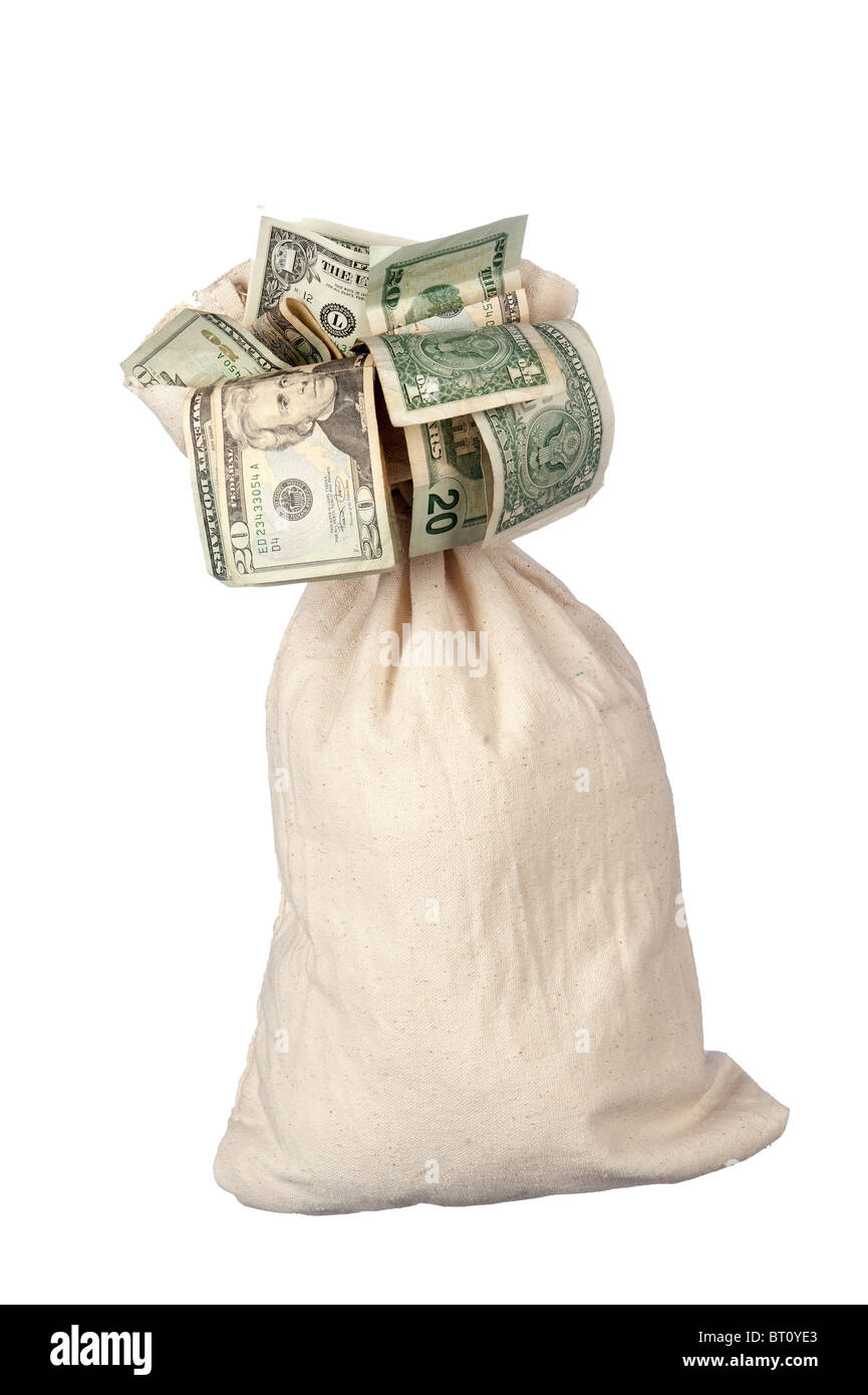 Einem Leinensack von Bargeld auf einem weißen Hintergrund. Stockfoto