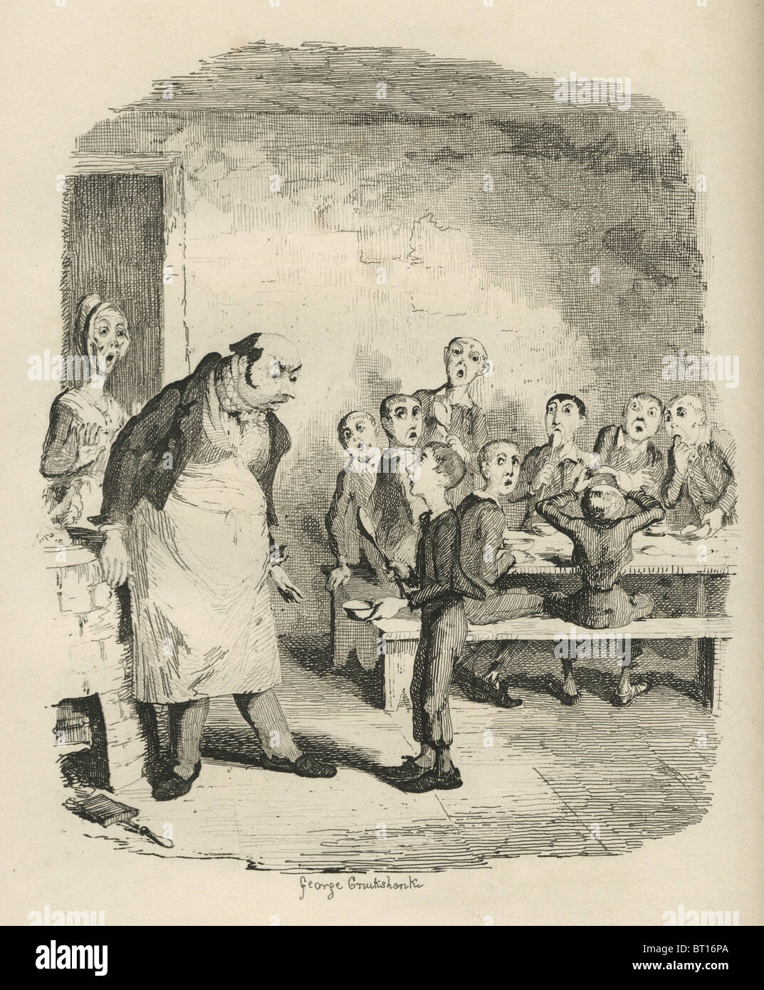 "Oliver fordern mehr". 19. Jahrhundert-Illustration von Charless Oliver Twist. Illustration von George Cruishank Stockfoto