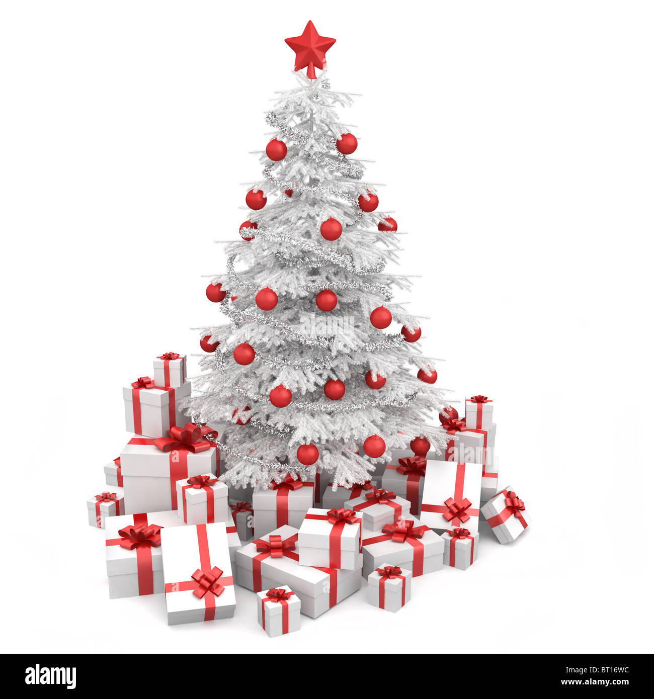 weißer und Roter Weihnachtsbaum geschmückt mit vielen Geschenken und isoliert auf weiss Stockfoto