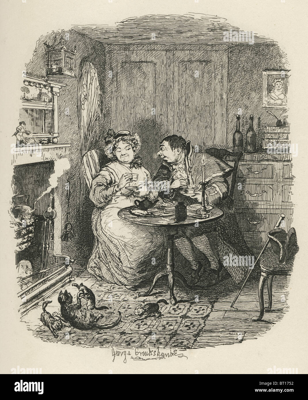 "Herr Bumble und Mrs Corney Einnahme von Tee". 19. Jahrhundert-Illustration von Charless Oliver Twist. Stockfoto