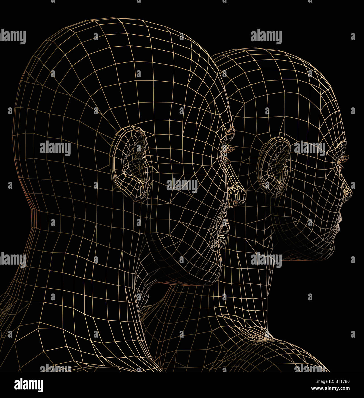 Futuristische paar Wire Frame Silhouette. 3D Darstellung auf schwarzem Hintergrund. Stockfoto