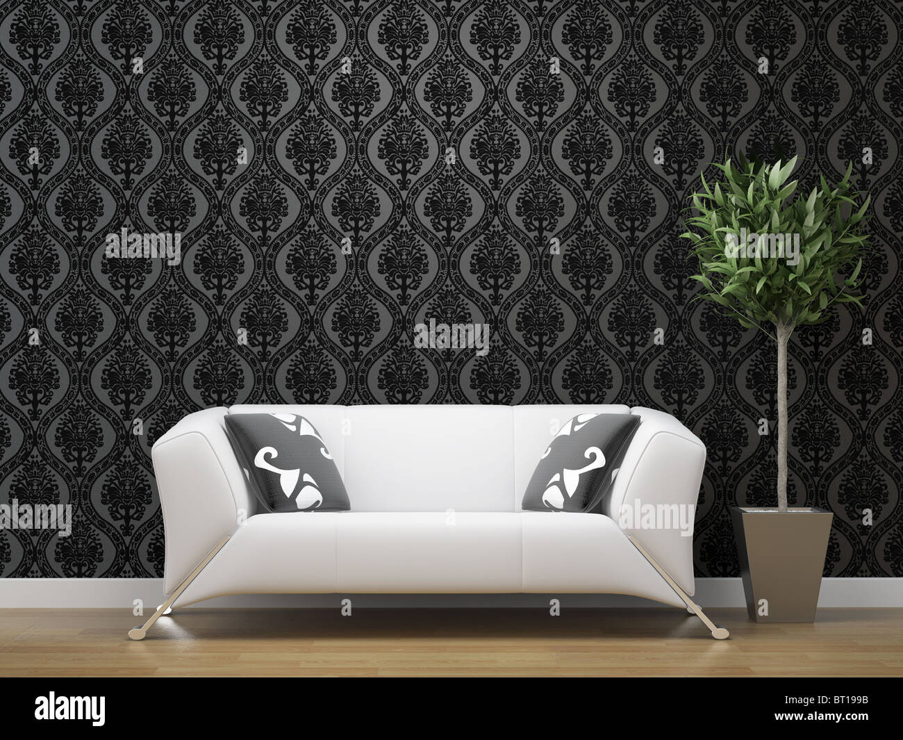 Interior Design der weißen Sofa in schwarz und Silber Wallpaper Hintergrund mit Textfreiraum Stockfoto
