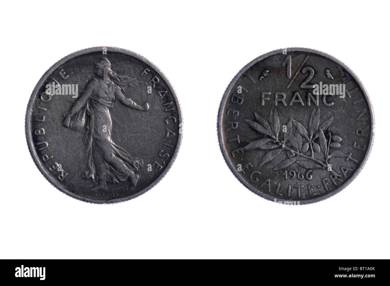 Objekt auf weiß - Franken-Münzen hautnah Stockfoto