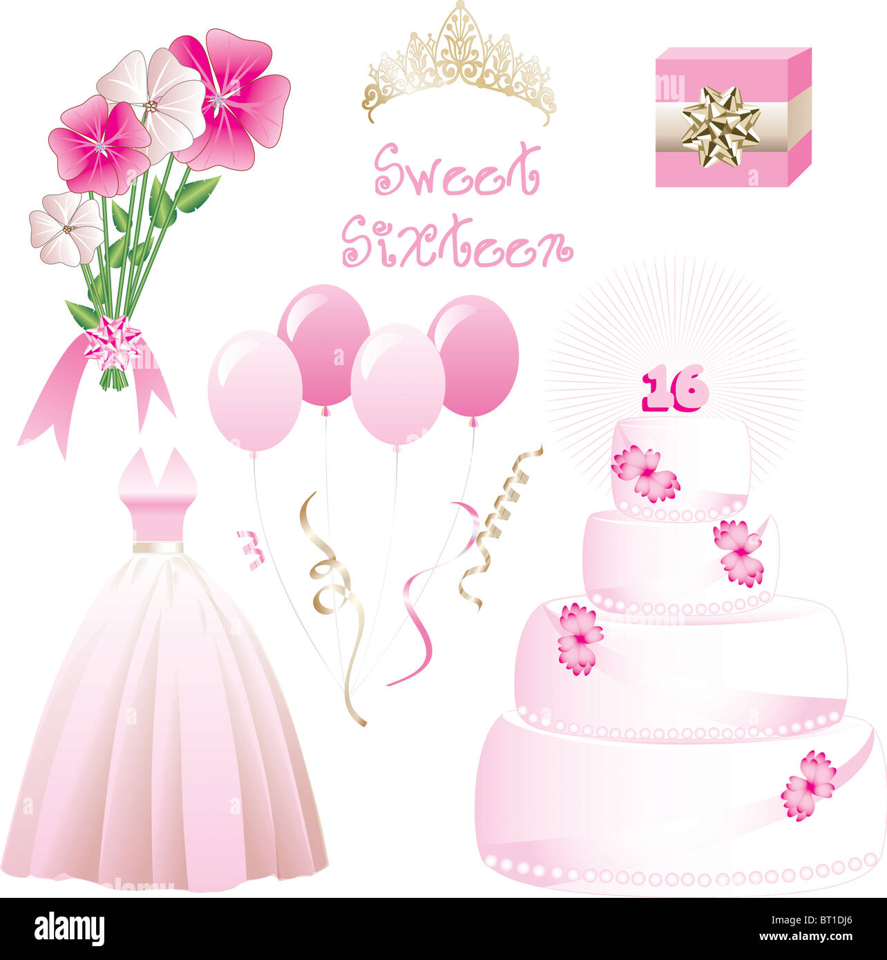Vektor-Illustration von Icons für einen süßen sechzehn Geburtstagsfeier. Kann auch für Quinceanera, Hochzeit oder Abschlussball verwendet werden. Stockfoto