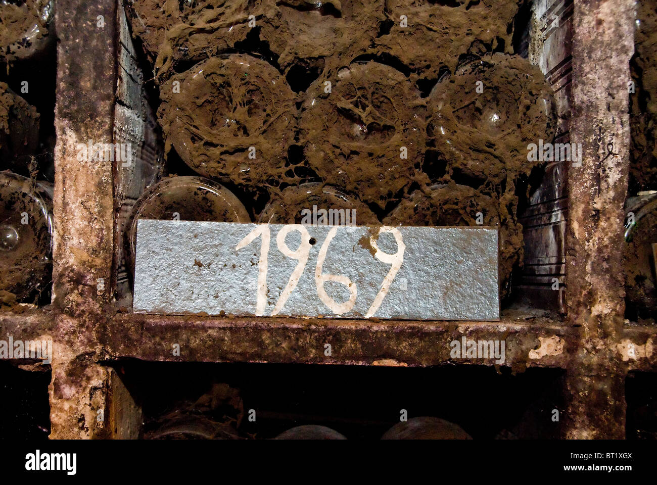 alte Flaschen Wein in einem Rack mit Staub Stockfoto