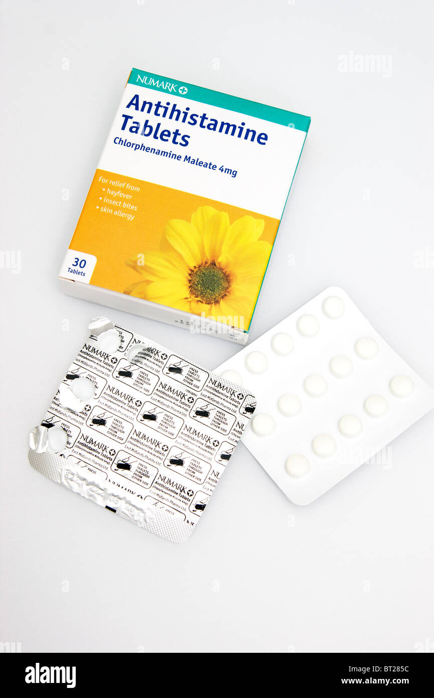 Antihistamin-Tabletten (Chlorphenamin Maleat) für Heuschnupfen, Insektenstiche & Haut Allergie Allergien Stockfoto