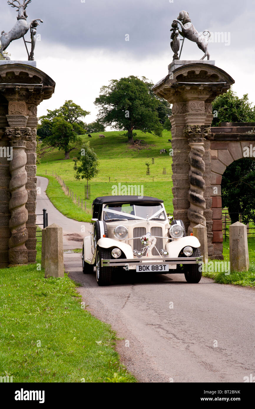 Klassische weiße Hochzeitsauto betritt das Gelände von einem englischen Herrenhaus für eine Hochzeit. Stockfoto