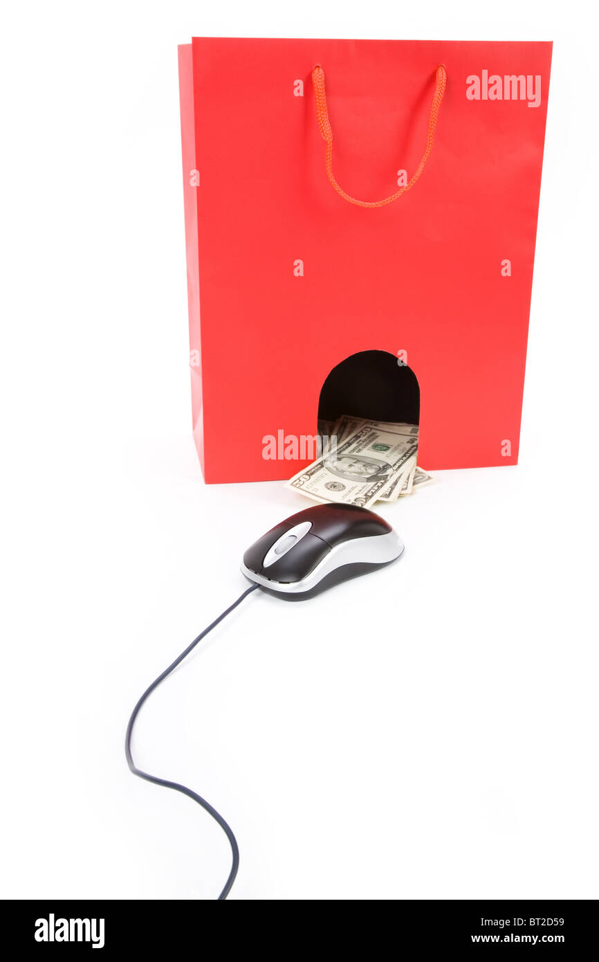 Isolierte Einkaufstasche und Computer-Maus, Konzept des e-Commerce Stockfoto