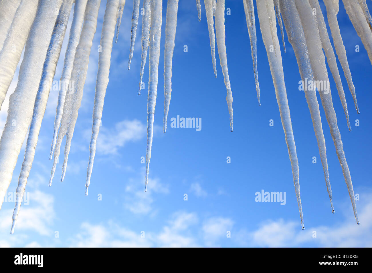 Eiszapfen hängen vor blauem Himmel Stockfoto