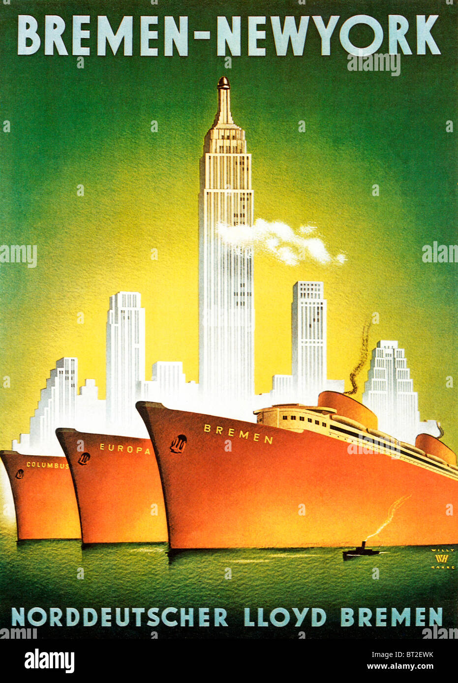 Bremen nach New York, 1920er-Jahre Art-Deco-Plakat für den Norddeutschen Lloyd Bremen-Linie von Europa nach Amerika zu segeln Stockfoto