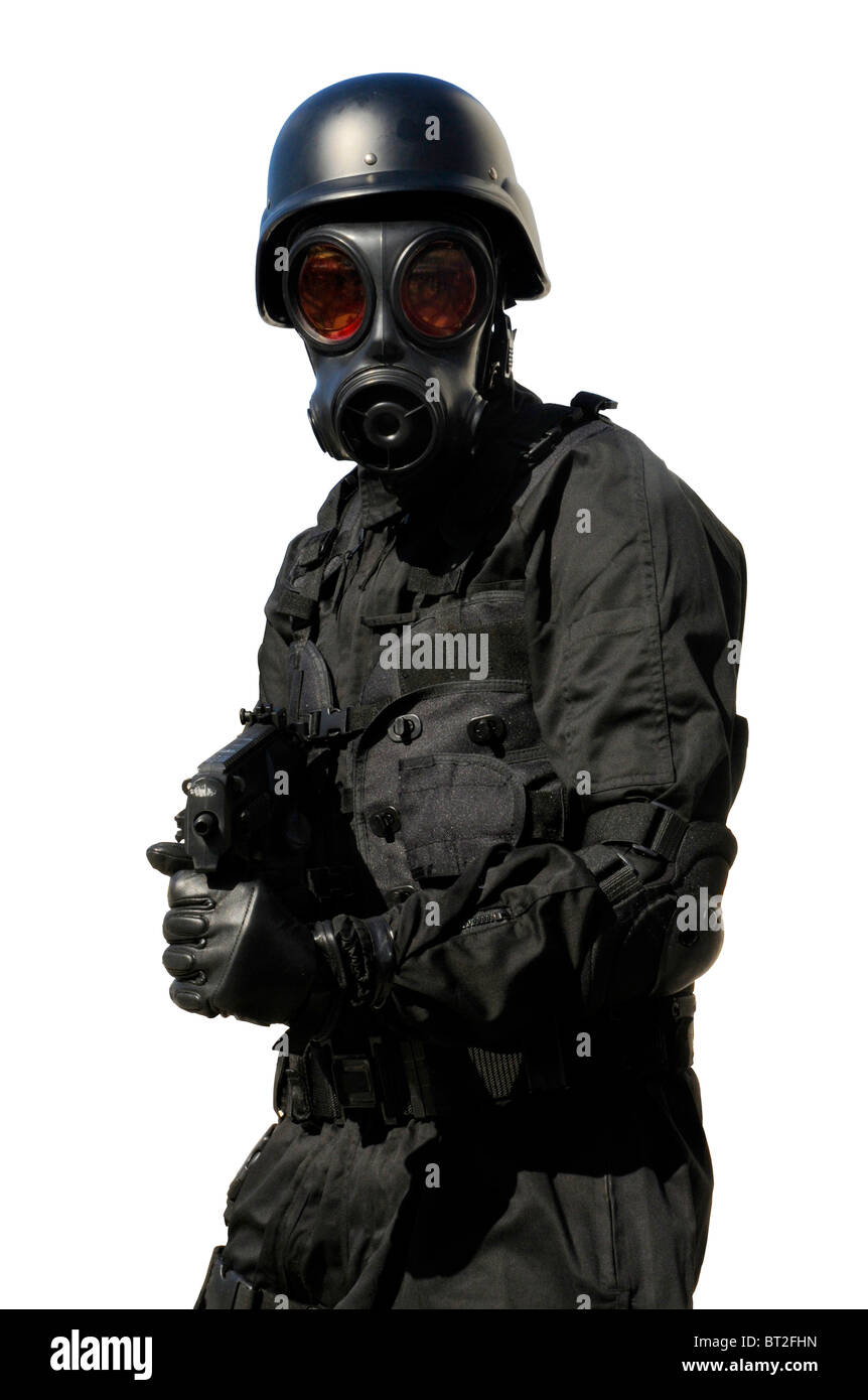 SWAT-Soldat auf einem weißen Hintergrund Stockfoto