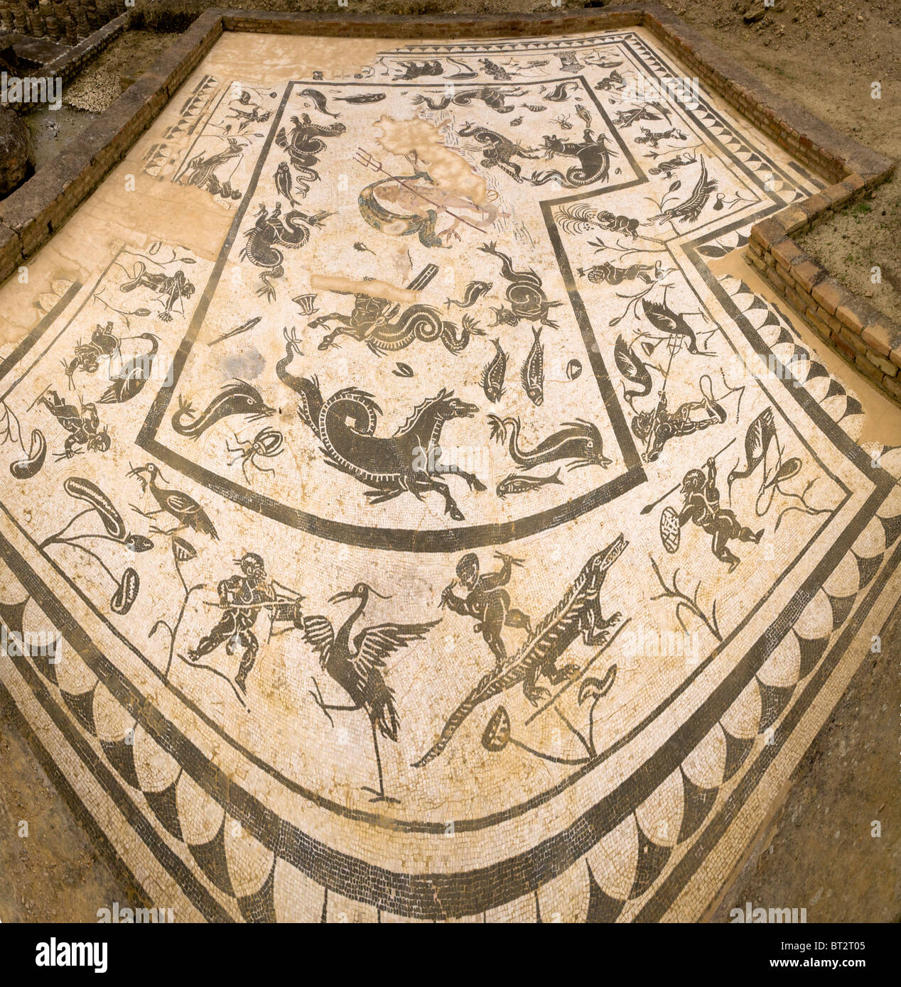 Panorama der Mosaikboden in dem Haus Casa de Neptuno / Neptuns Villa / Haus in römischen Stadt Italica. Sevilla, Spanien. Stockfoto