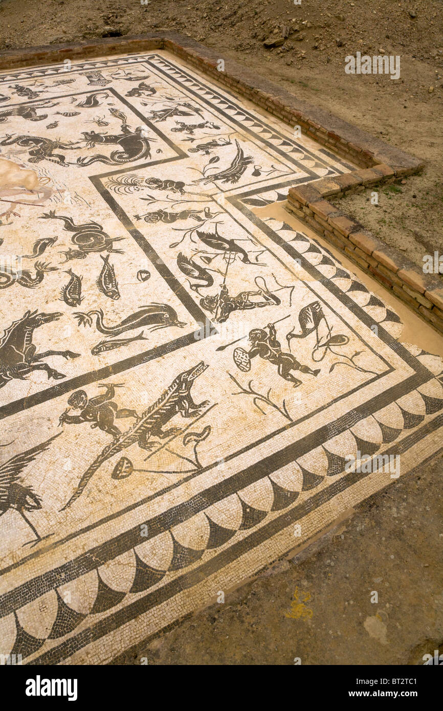 Mosaik Boden in dem Haus Casa de Neptuno / Neptuns Villa / Haus in römischen Stadt Italica / Italica in der Nähe von Sevilla, Spanien. Stockfoto