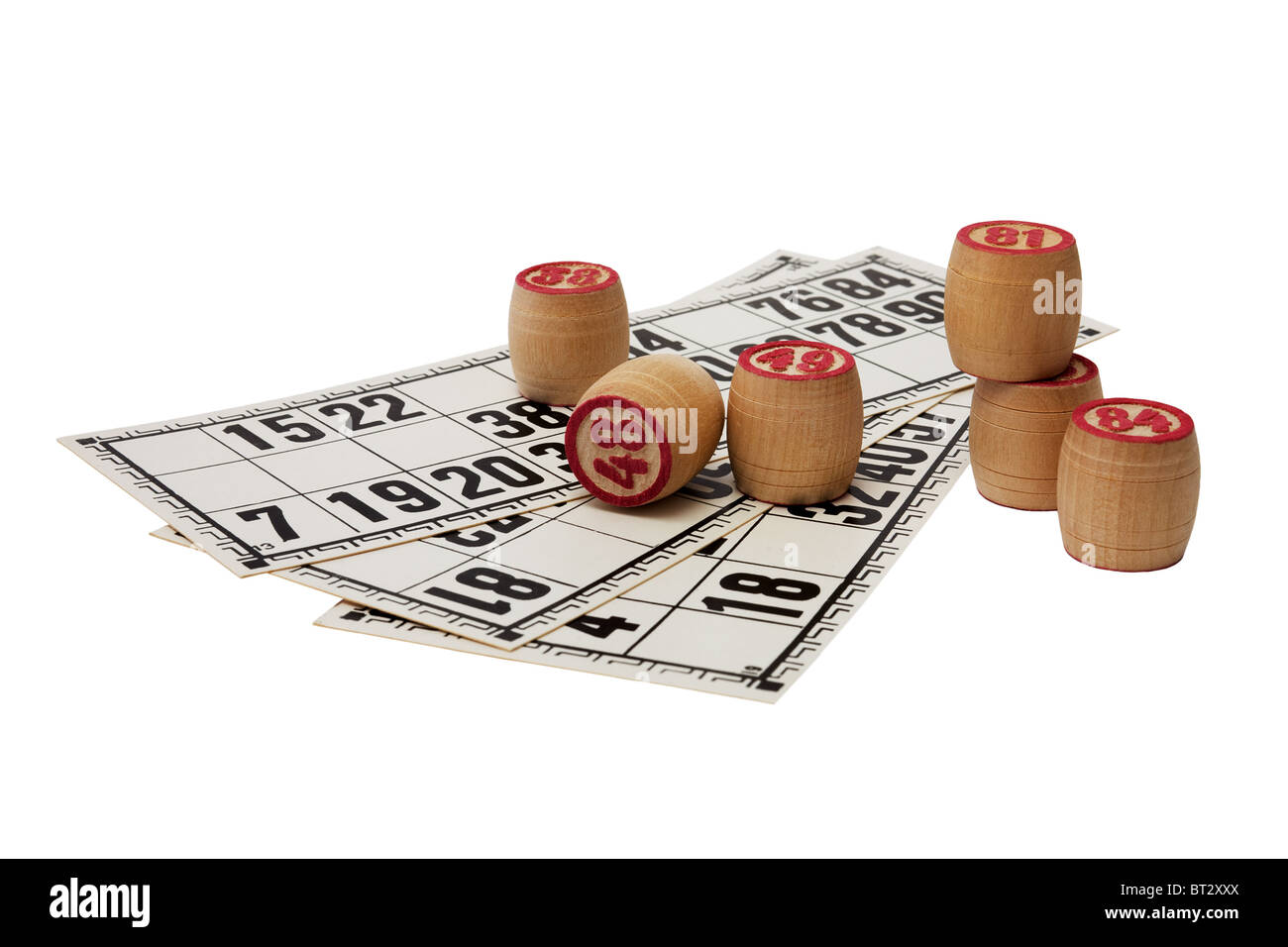 Holzfässer mit rosa Figuren auf Spielkarten Stockfoto