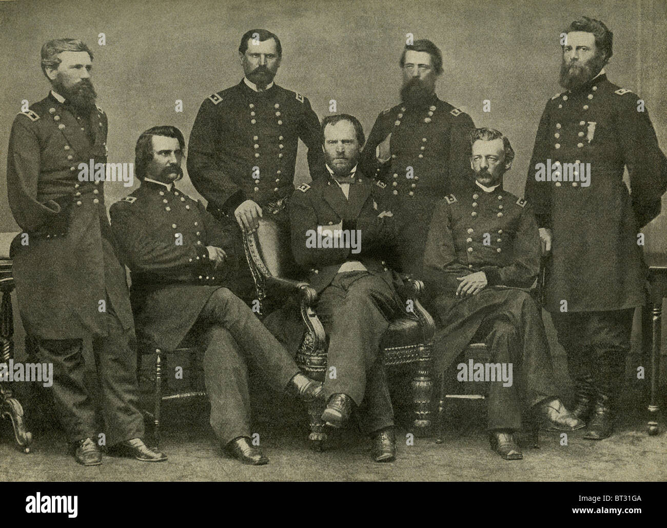 Dieses Foto von Union General Tecumseh Sherman und seine Generäle wurde 1865 von Matthew Brady aufgenommen. Stockfoto