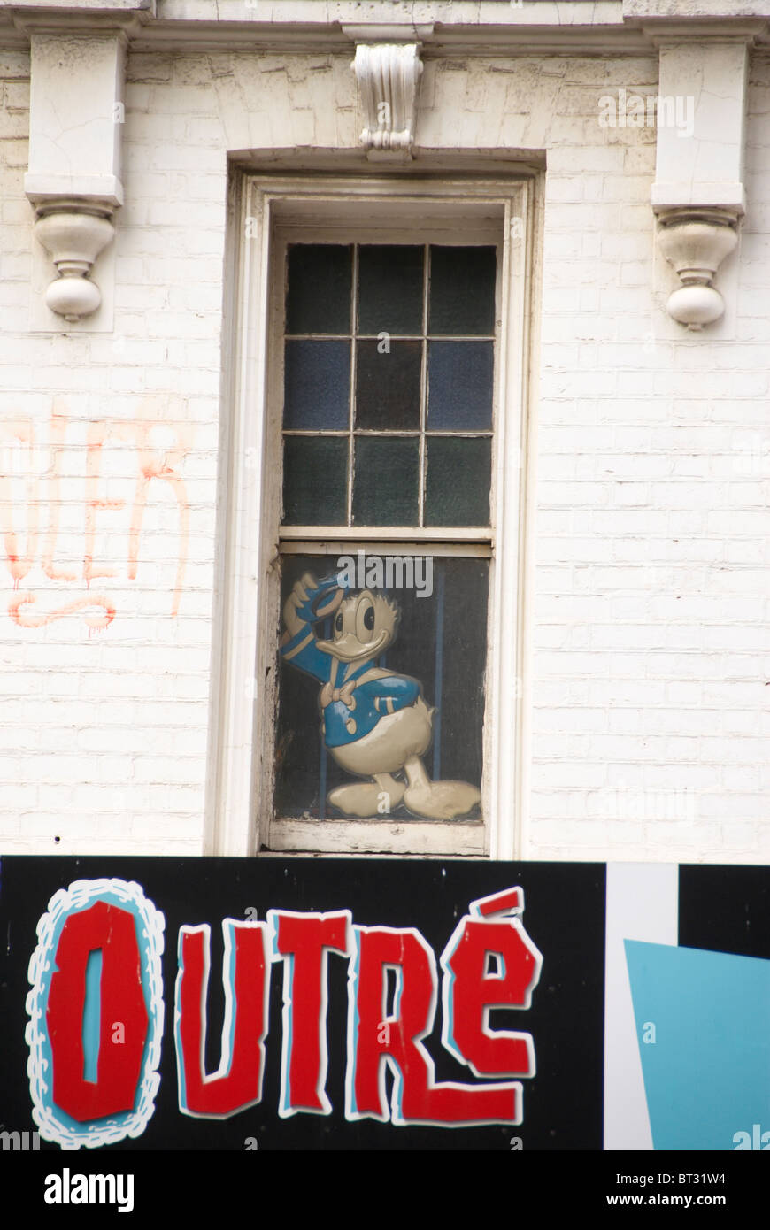 Donald Duck im Fenster Stockfoto
