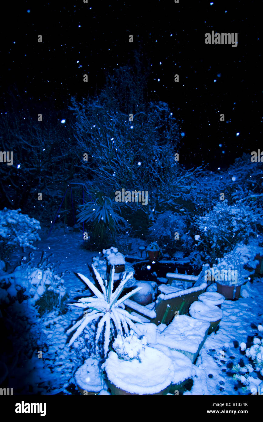 Schneefall in einem Garten hinter dem Haus Stockfoto Schneefall in einem Garten hinter dem Haus Stockfoto