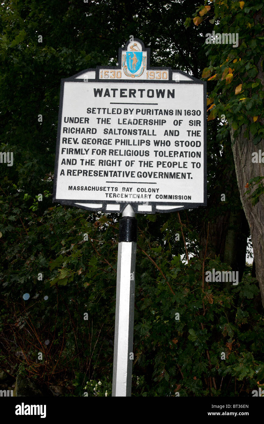 WATERTOWN besiedelt von Puritanern 1630 unter der Führung von Sir Richard Saltonstall und Reverend George Phillips Stockfoto