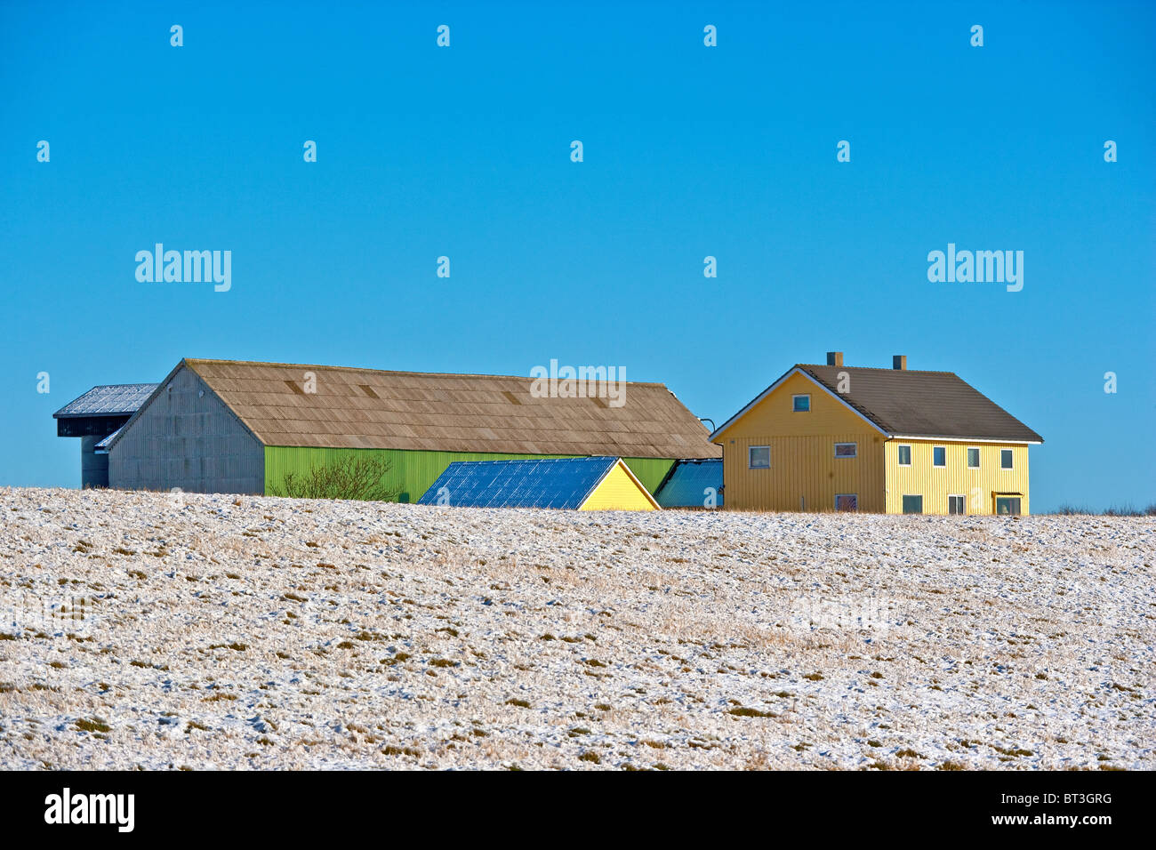 Bauernhof. Stall und Haus. Winter, Schnee. Hå, Rogaland, Norwegen Stockfoto
