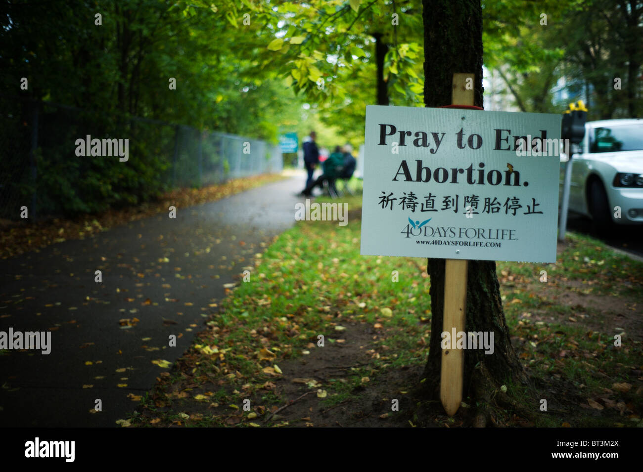 Anti-Abtreibungs-Zeichen und Demonstranten auf Bäumen gesäumten Bürgersteig. Stockfoto