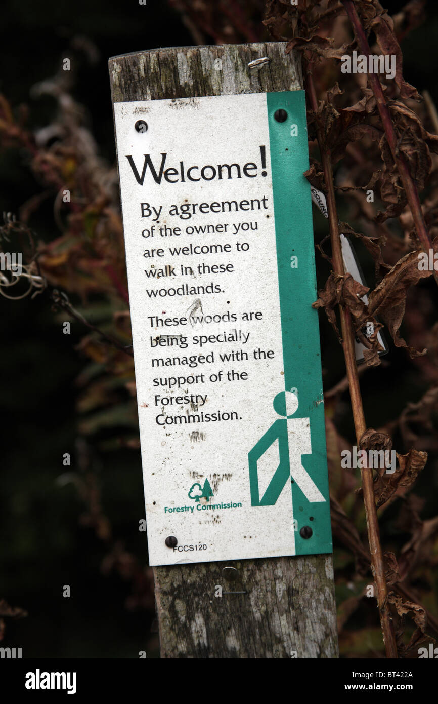 Forstwirtschaft-Kommission Zeichen Werbung offener Zugang zu privaten Wäldern, Exmoor, Somerset, England Stockfoto