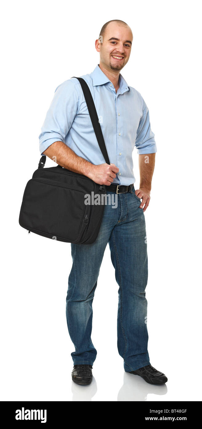 glücklich weiß stehender Mann mit Tasche isoliert Stockfoto