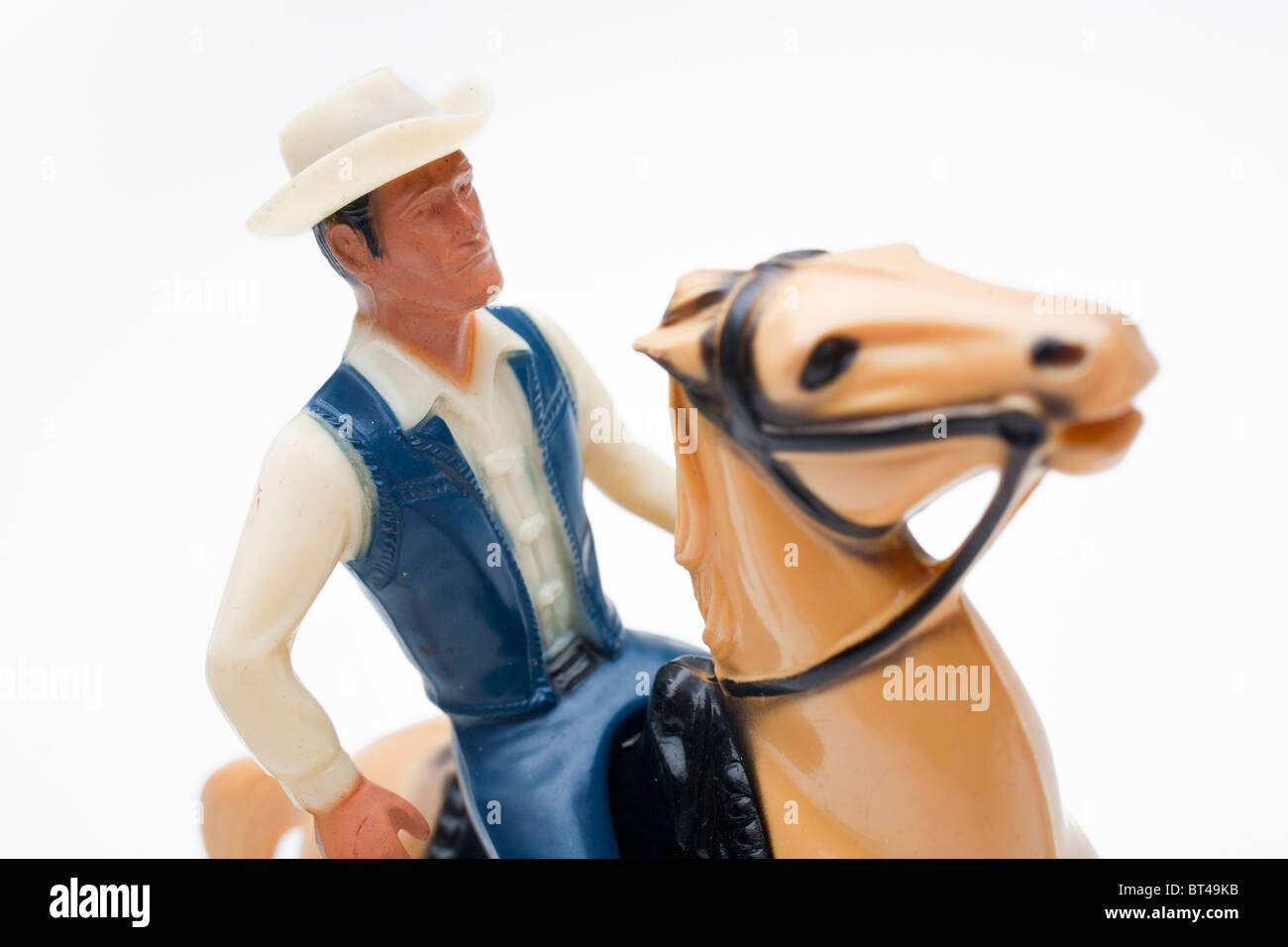 Kunststoff-Spielzeug Cowboy und Pferd Stockfoto