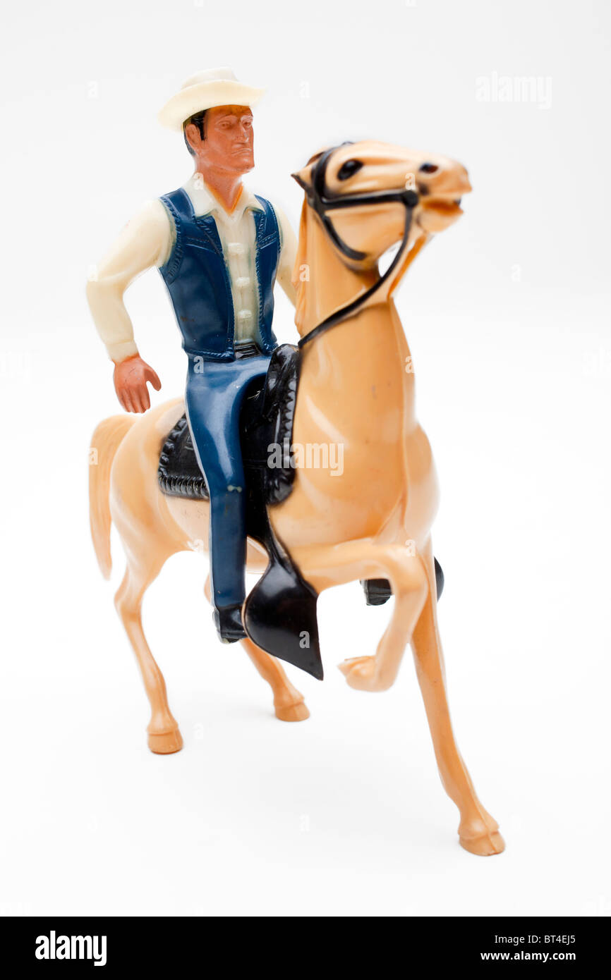 Kunststoff-Spielzeug Cowboy und Pferd Stockfoto