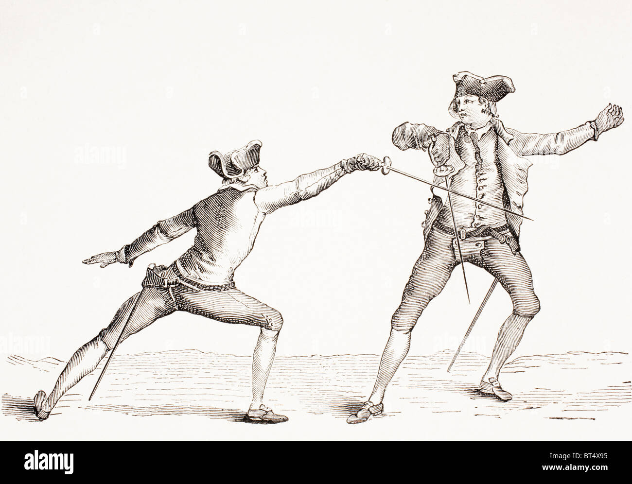 Ein Schwertkämpfer pariert einen Schub von seinem Gegner. Stockfoto