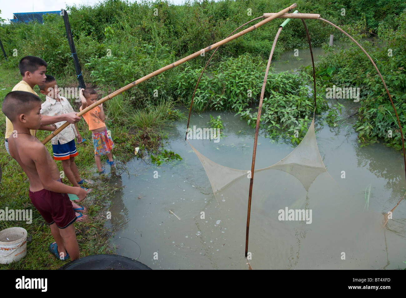 Kinder, die in einem Teich mit Fischen. Luang Nam Tha. Laos Stockfoto