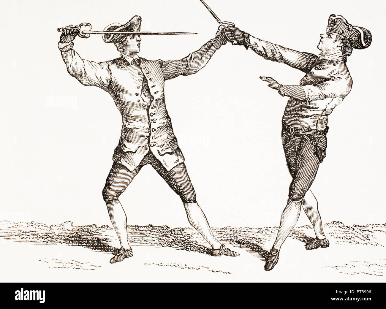Ein Schwertkämpfer in Stellung um Schub nach seinem Gegner Schwert oder Schwert Hand greifen. Stockfoto