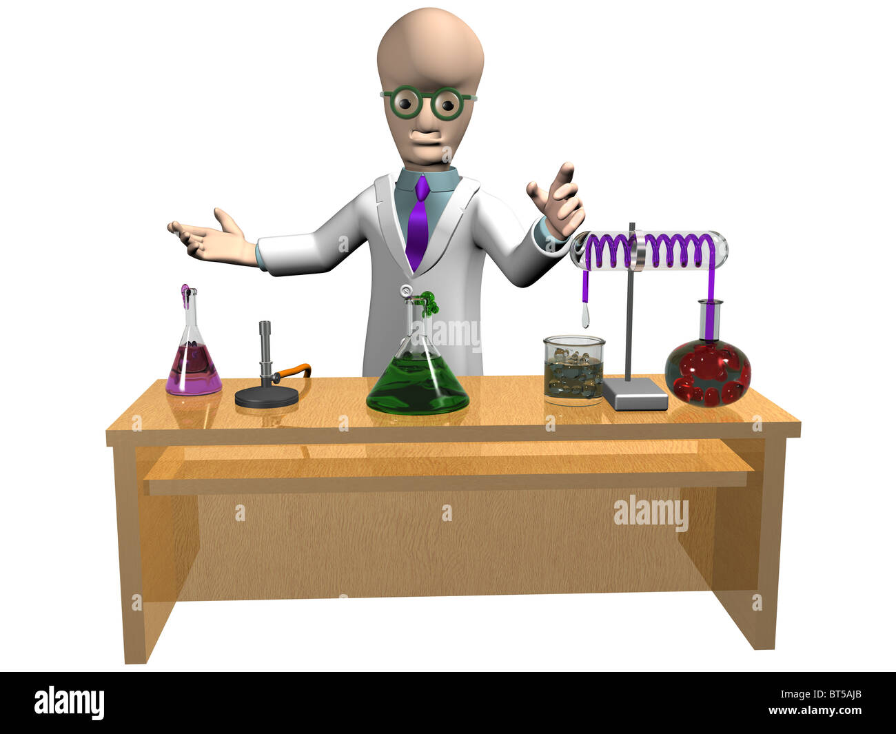 Isolierte Abbildung eines Cartoon-Wissenschaftlers sein Experiment demonstriert Stockfoto