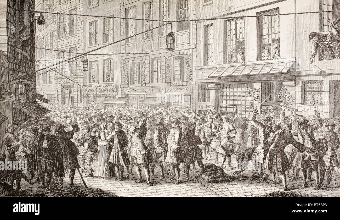 Schwierigkeiten in der Rue Quincampoix, Paris, im Jahre 1718 in der Nähe von John Law's Banque Générale Privée. Stockfoto