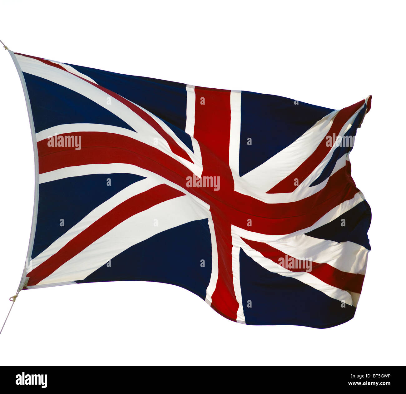flatternde Fahne des Vereinigten Königreichs isoliert auf weiss Stockfoto